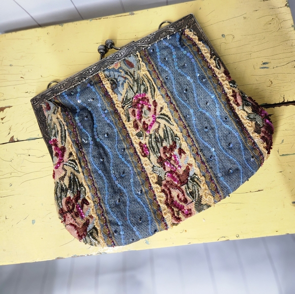 Vintage Floral Tapestry Clutch Yellow Blue Sequin Beaded Snap Close Satin Lining - Picture 1 of 8